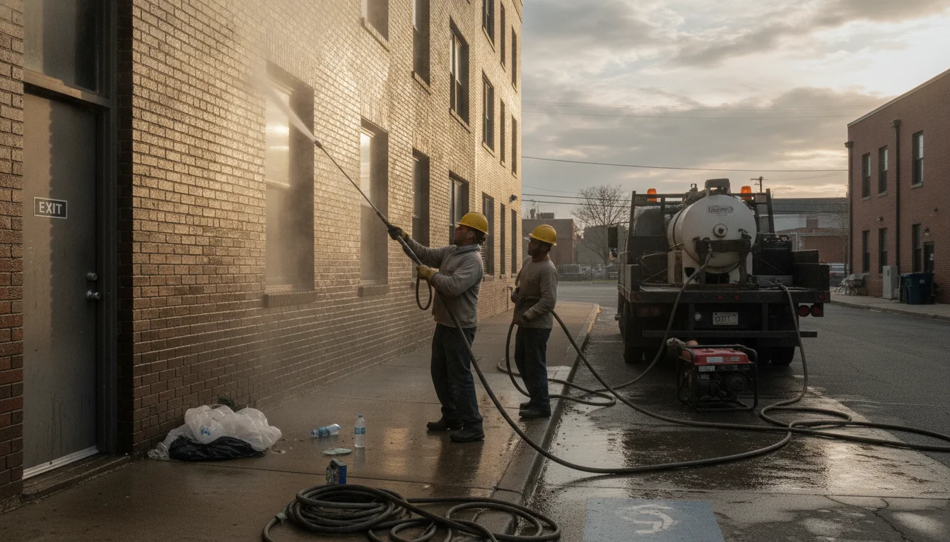 Commercial building exterior pressure washing in Slidell with hot-water unit vented away from doorways