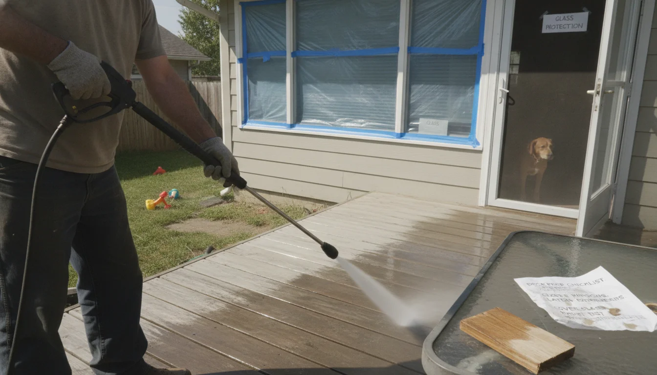 Avoid trapping heat under plastic; mask low glass; close windows; set doors to latch before pressure washing a deck