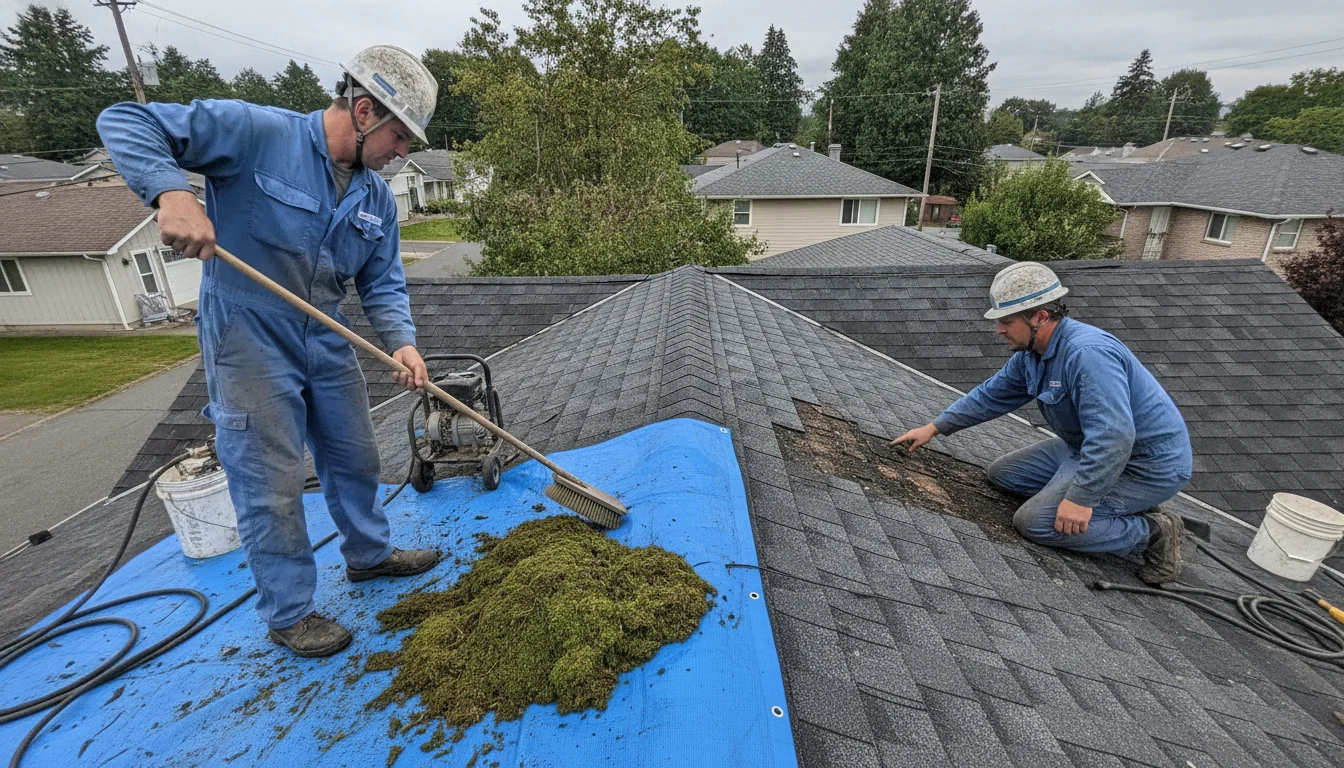 Roof moss removal vs roof replacement, professional header visual for Slidell by Pressure Washing Slidell