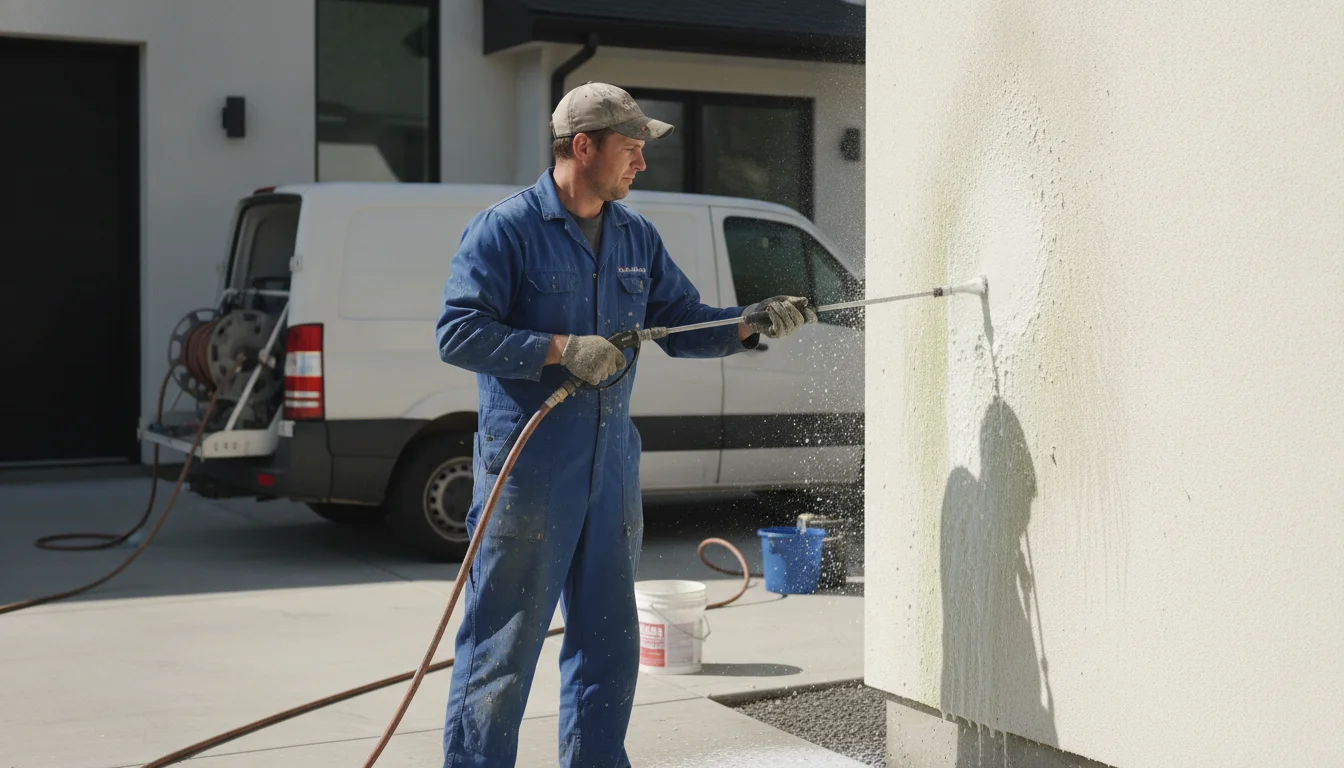 Soft washing stucco wall in a clean, modern setting in Slidell